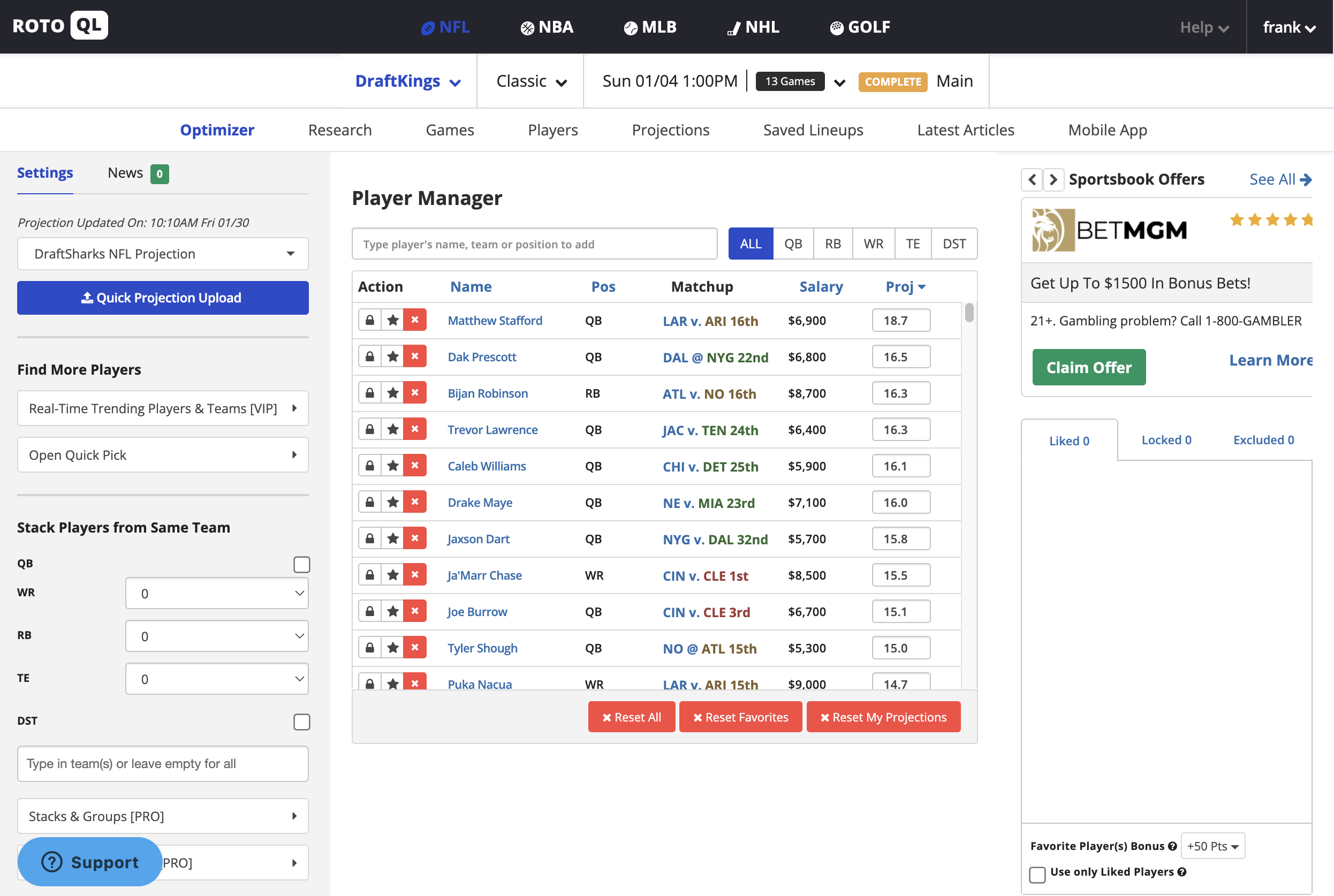 Lineup Optimizer screenshot