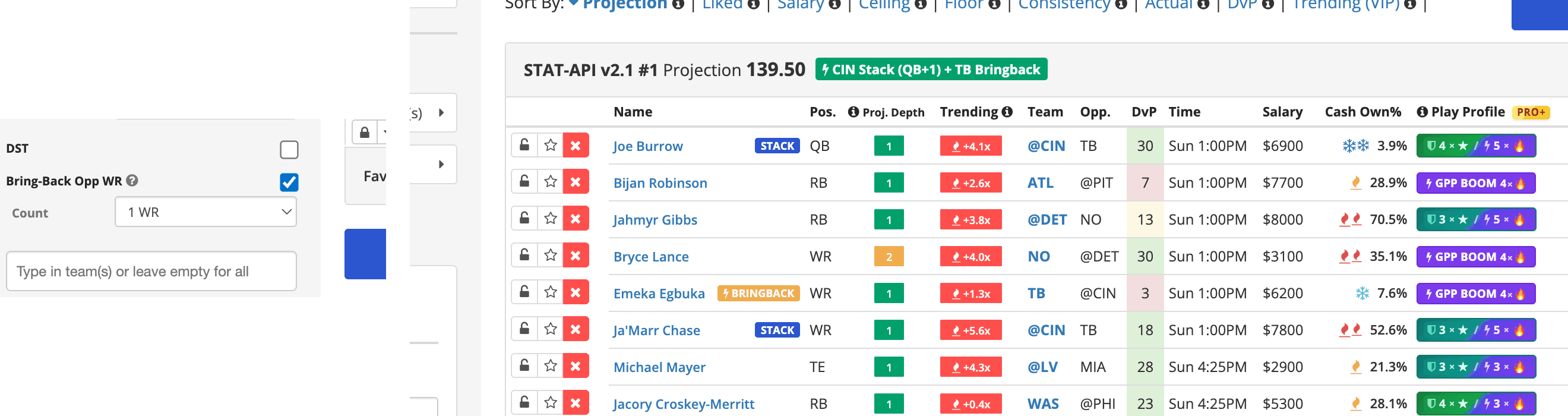 Bring-back setting and correlated lineup card
